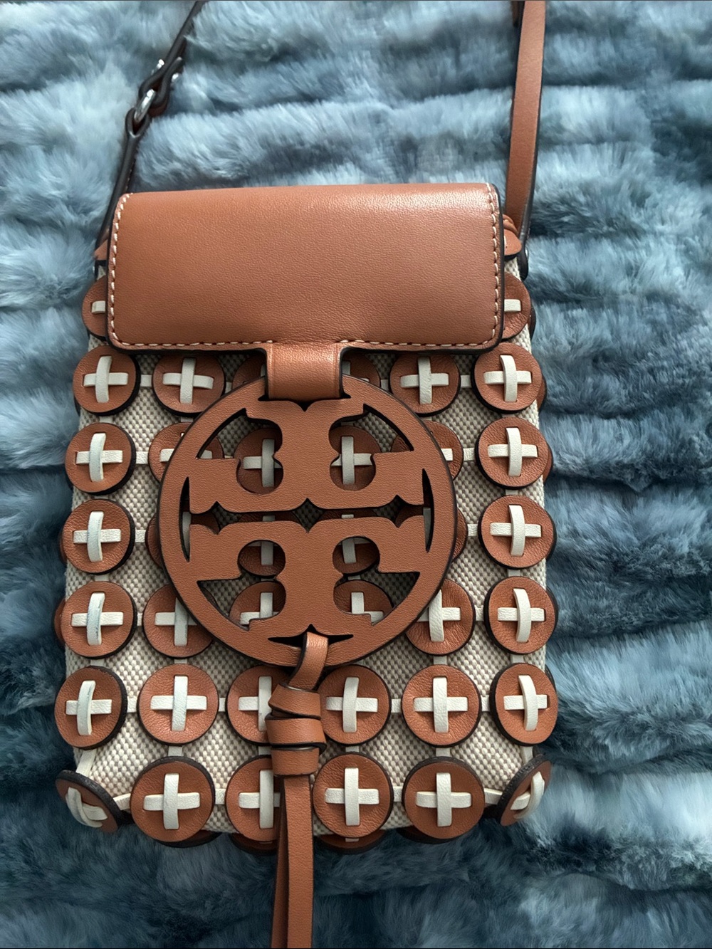 NWT Tory Burch Cognac Leather Crossbody with Cutout Logo and Tassel